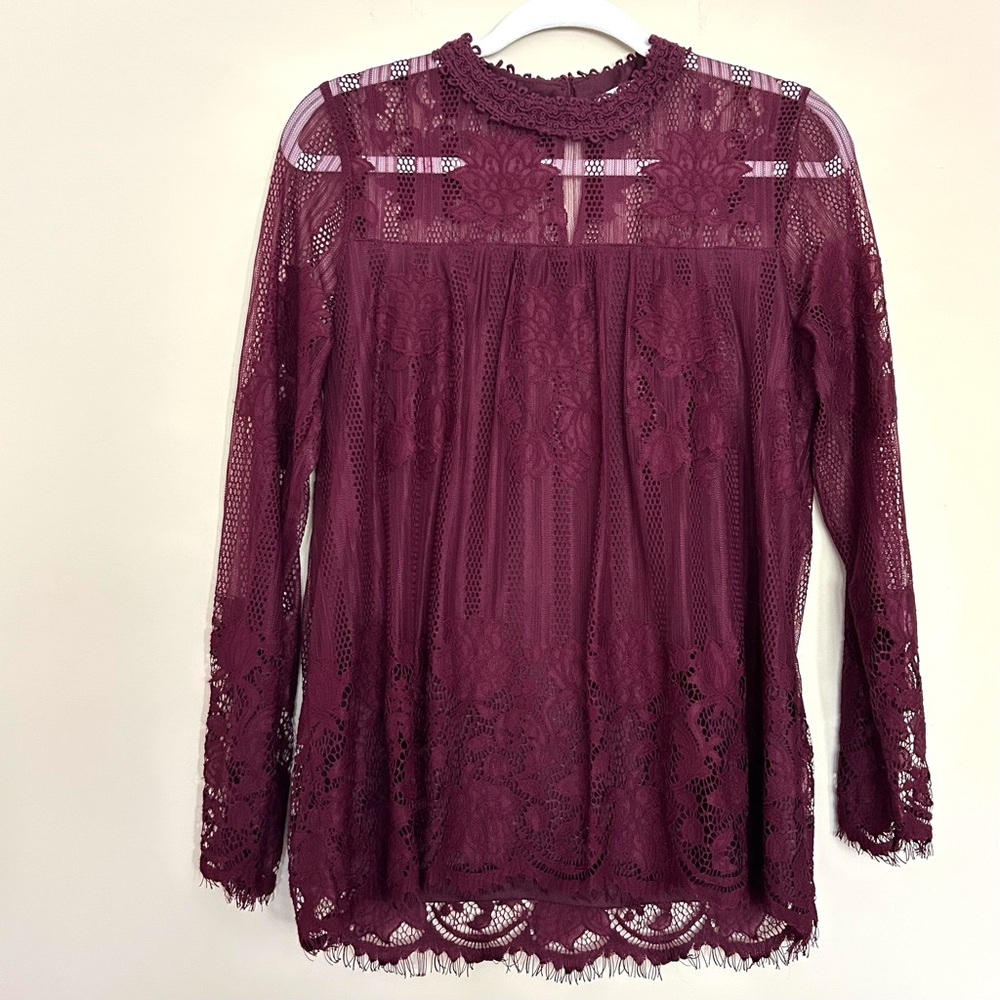 Ultra Pink Women’s Maroon Burgundy Long Sleeve Lace Top